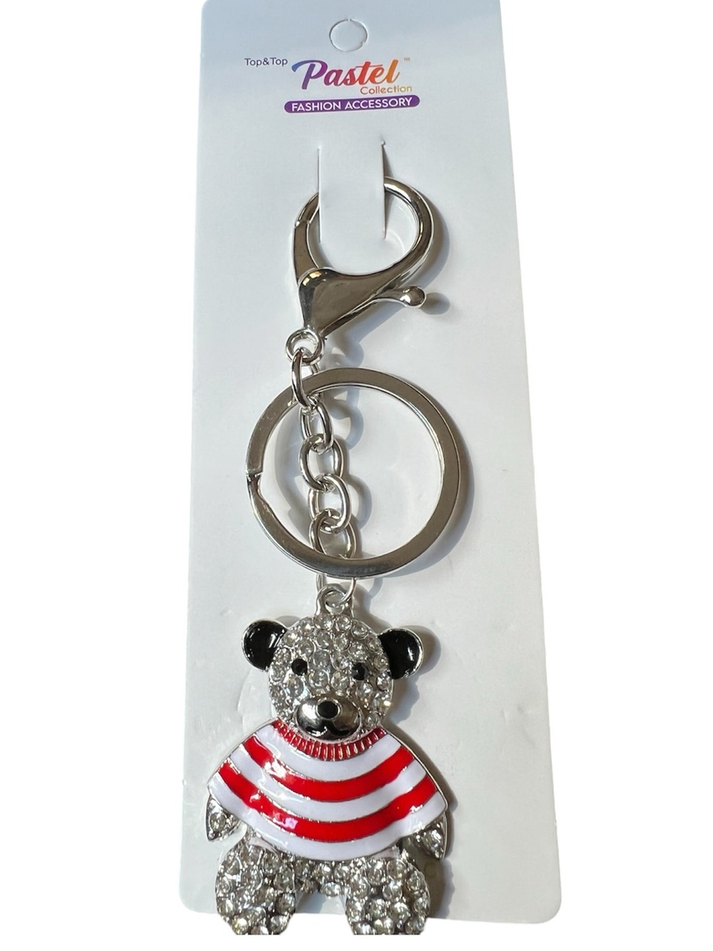 Silver Teddy Bear Keychain and Bag Charm with Red & White Striped Sweater